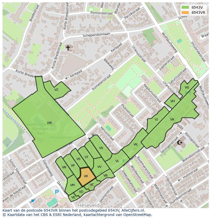 Afbeelding van het postcodegebied 6543 VR op de kaart.