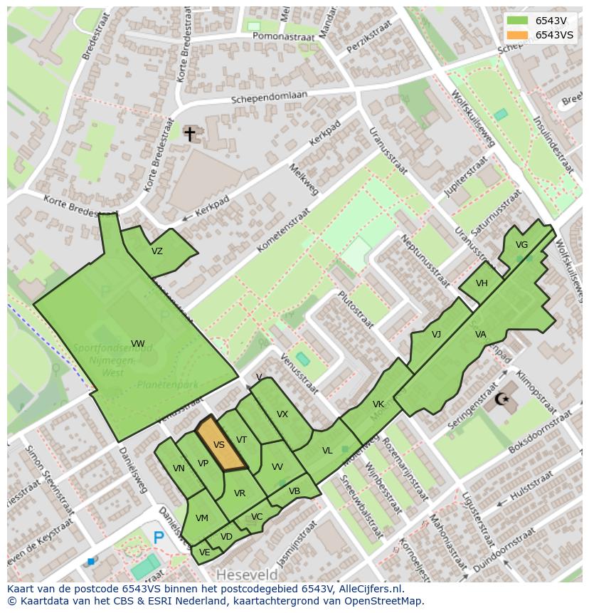 Afbeelding van het postcodegebied 6543 VS op de kaart.