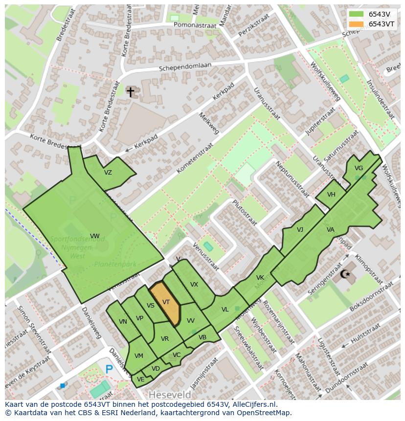 Afbeelding van het postcodegebied 6543 VT op de kaart.