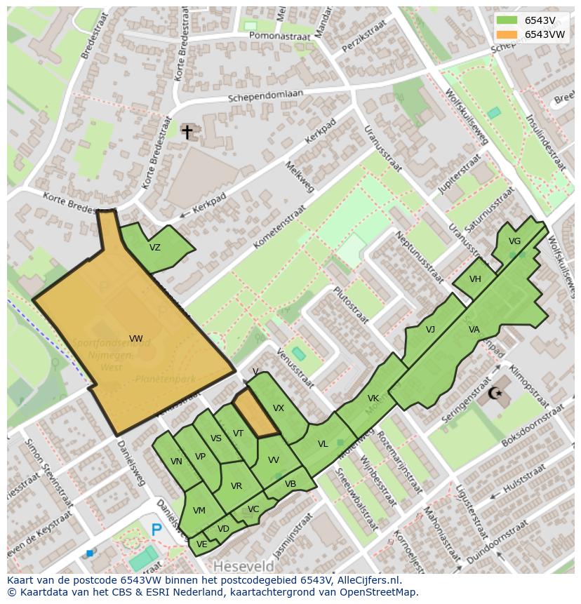 Afbeelding van het postcodegebied 6543 VW op de kaart.