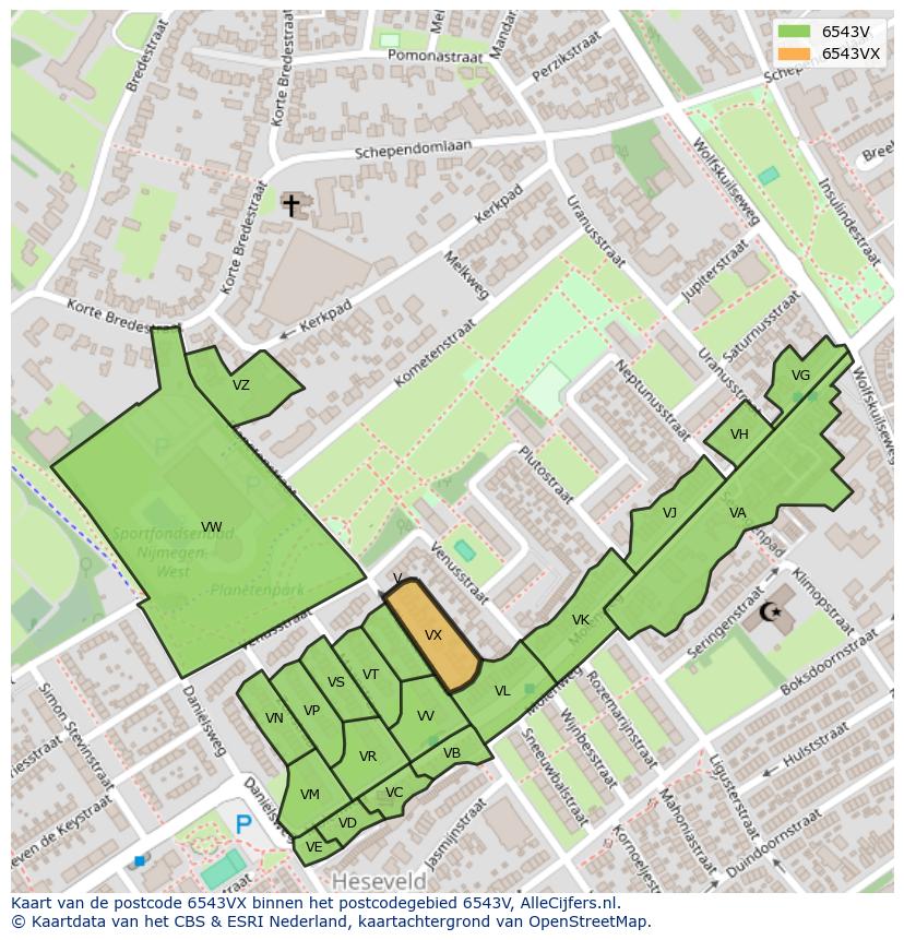 Afbeelding van het postcodegebied 6543 VX op de kaart.