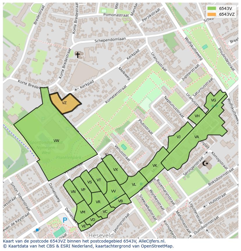 Afbeelding van het postcodegebied 6543 VZ op de kaart.