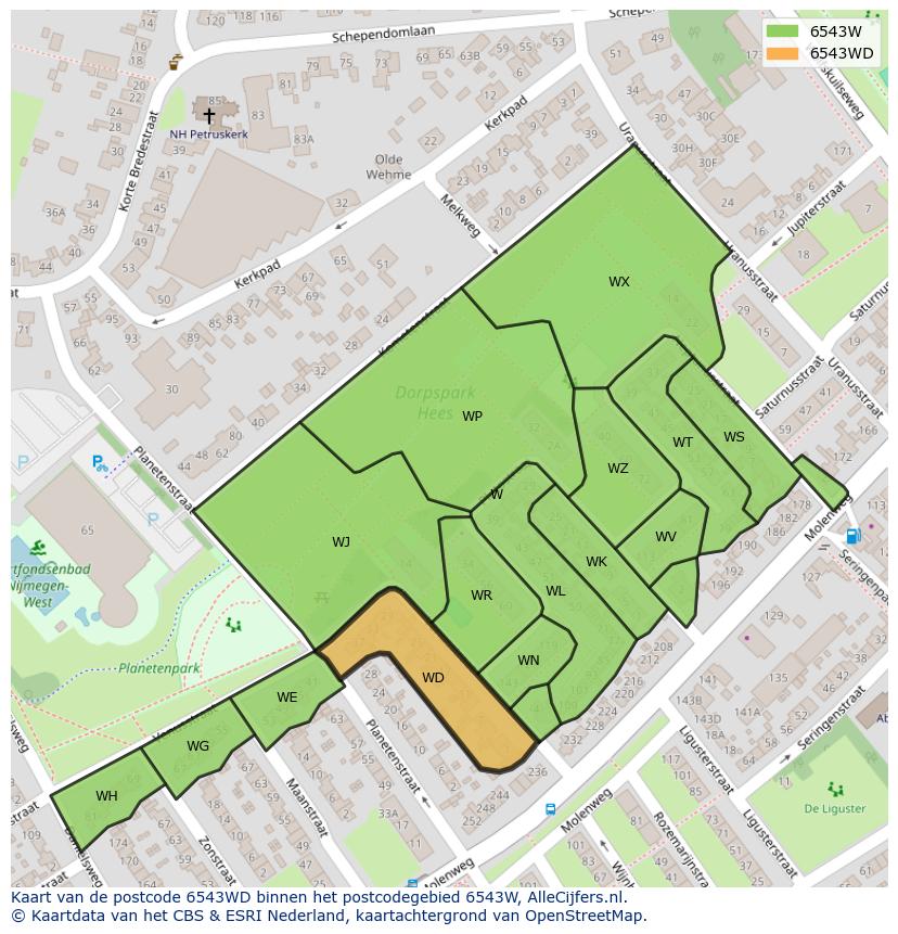 Afbeelding van het postcodegebied 6543 WD op de kaart.