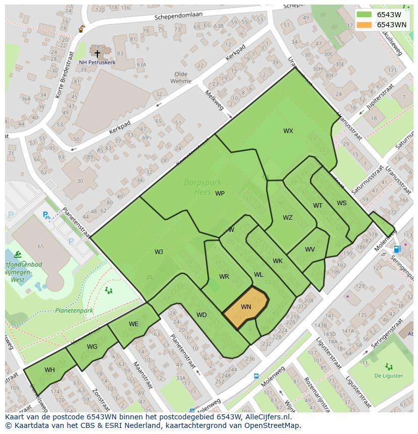 Afbeelding van het postcodegebied 6543 WN op de kaart.