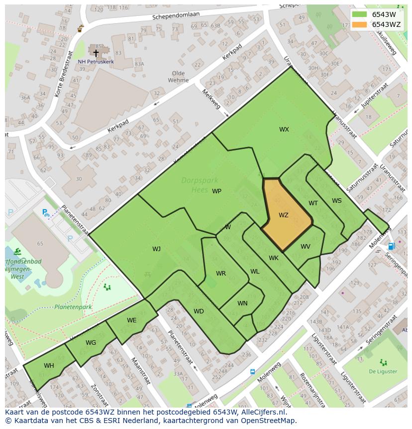 Afbeelding van het postcodegebied 6543 WZ op de kaart.