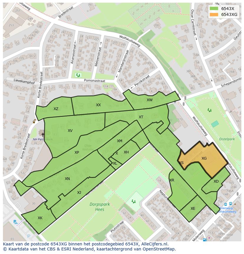 Afbeelding van het postcodegebied 6543 XG op de kaart.