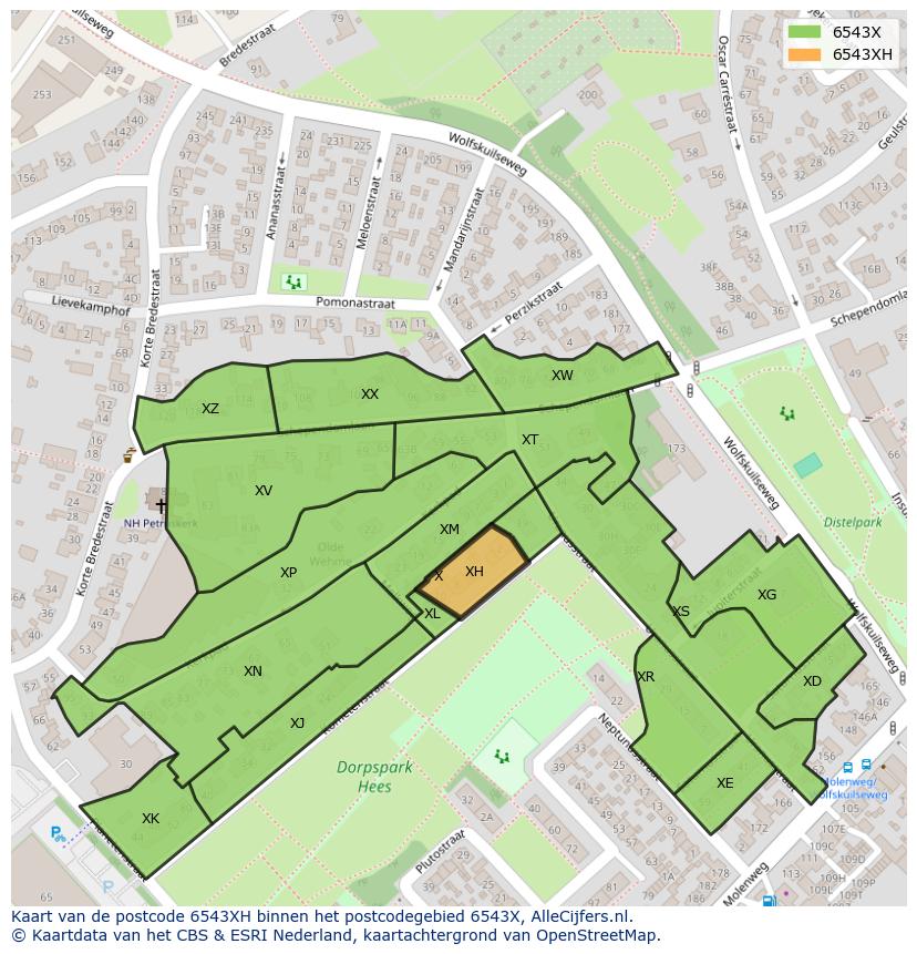 Afbeelding van het postcodegebied 6543 XH op de kaart.
