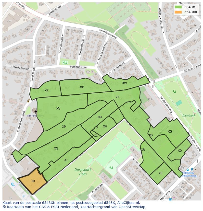Afbeelding van het postcodegebied 6543 XK op de kaart.