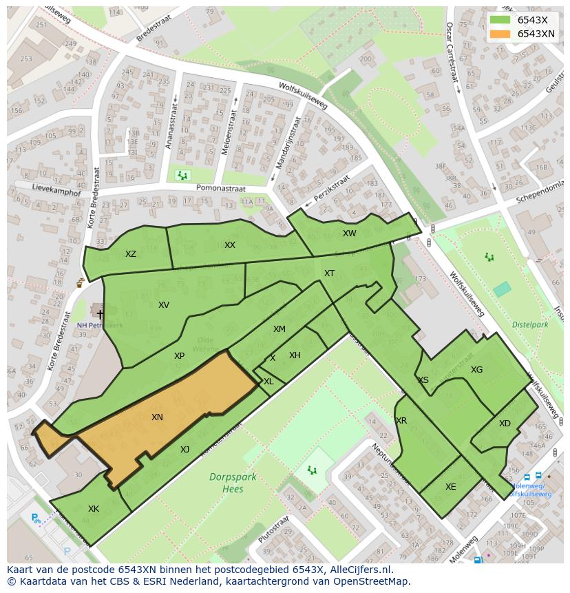 Afbeelding van het postcodegebied 6543 XN op de kaart.