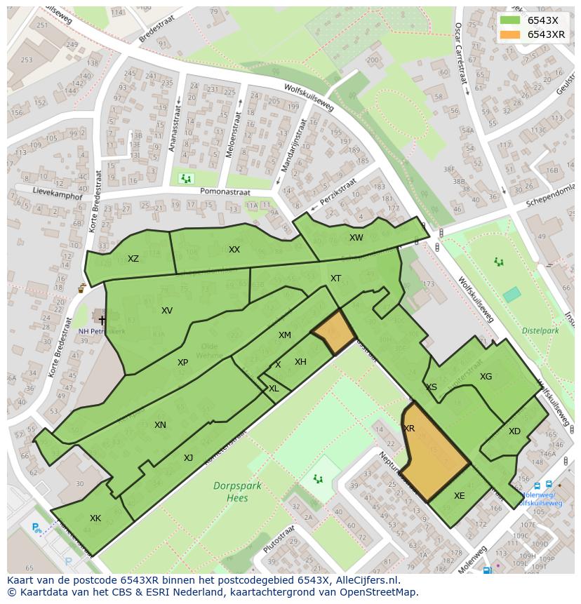 Afbeelding van het postcodegebied 6543 XR op de kaart.