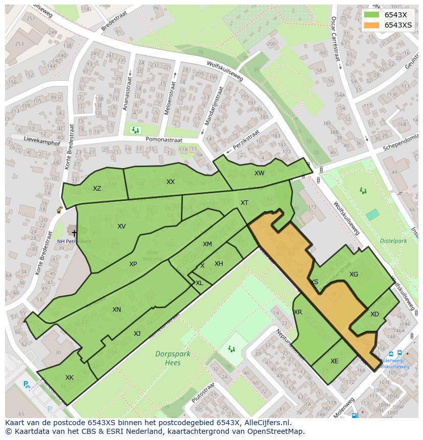 Afbeelding van het postcodegebied 6543 XS op de kaart.