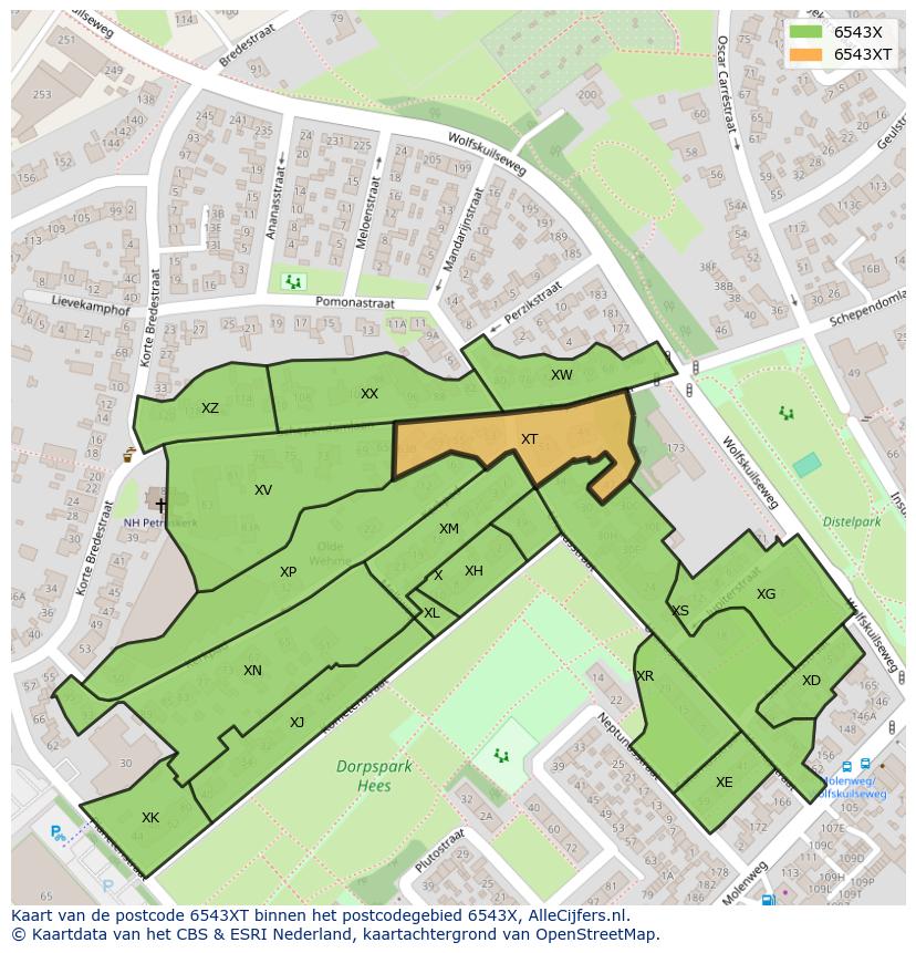 Afbeelding van het postcodegebied 6543 XT op de kaart.