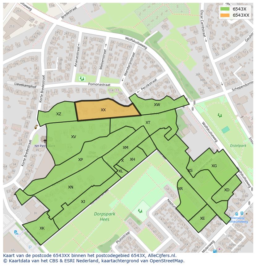 Afbeelding van het postcodegebied 6543 XX op de kaart.