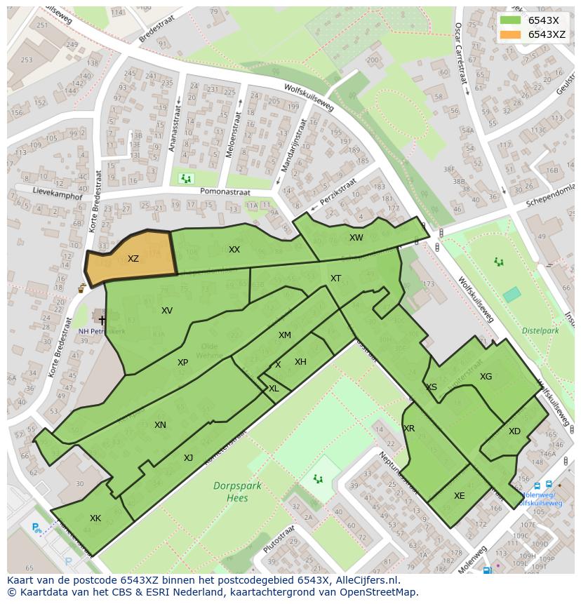 Afbeelding van het postcodegebied 6543 XZ op de kaart.