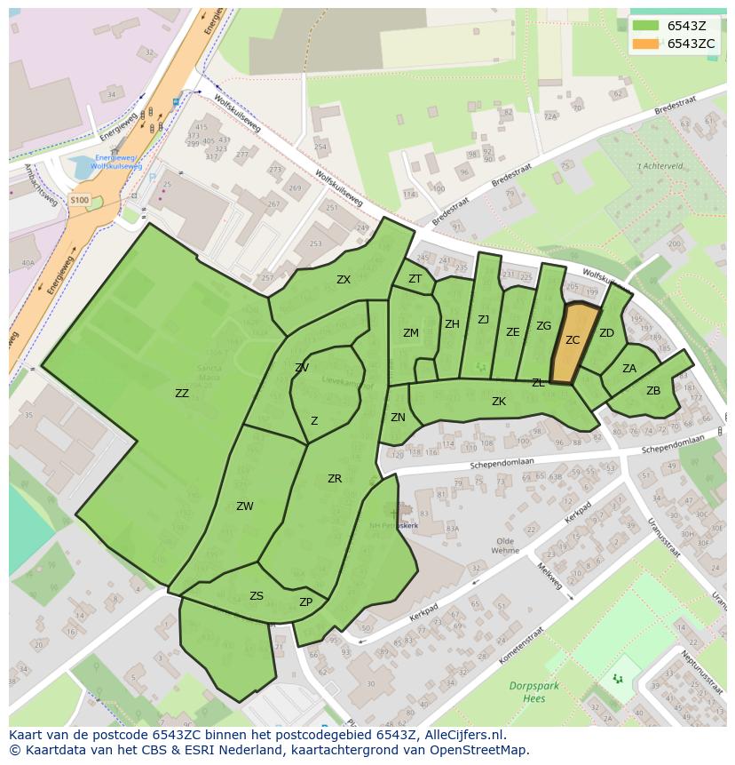 Afbeelding van het postcodegebied 6543 ZC op de kaart.