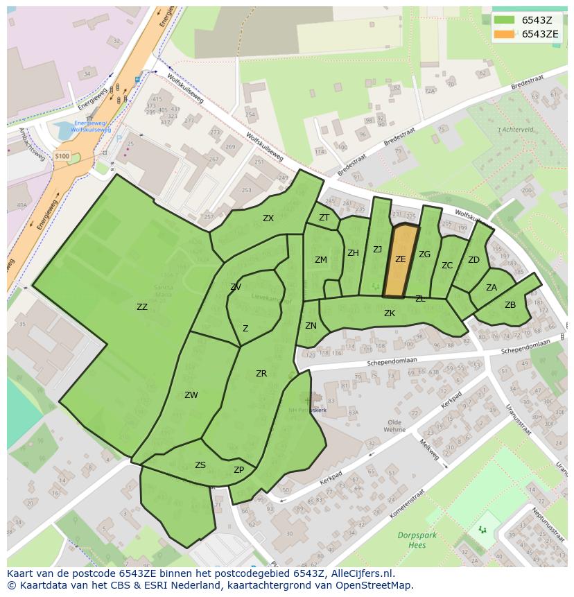 Afbeelding van het postcodegebied 6543 ZE op de kaart.