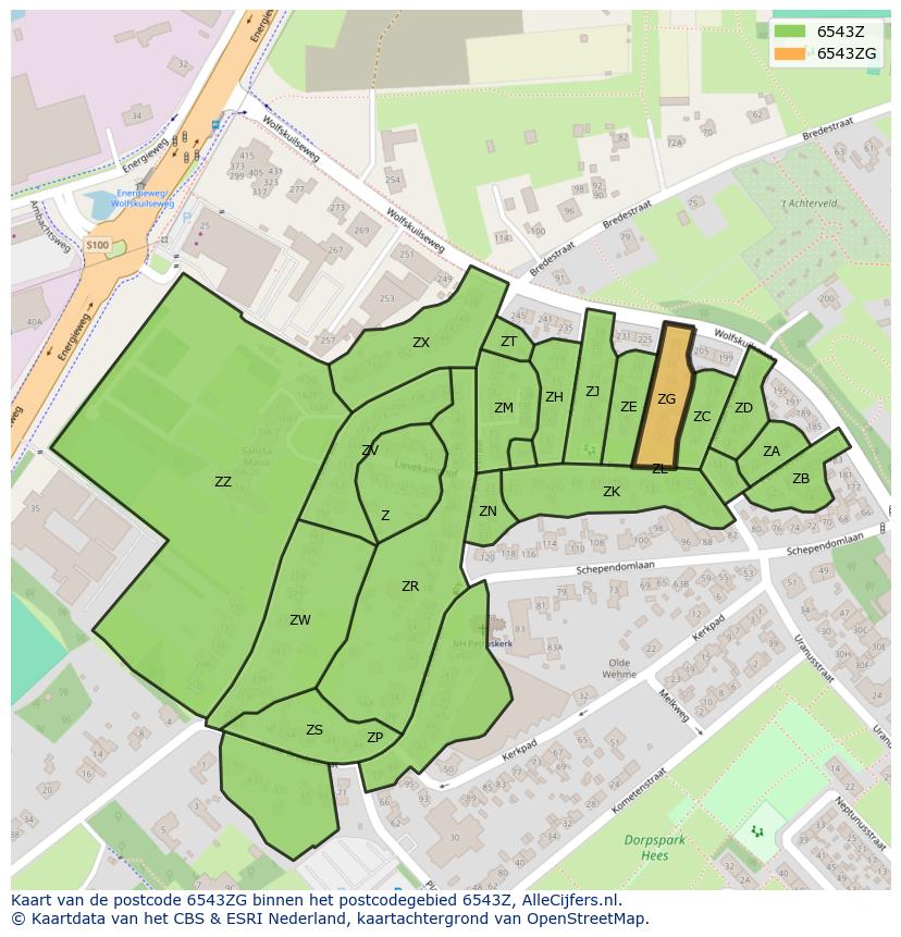 Afbeelding van het postcodegebied 6543 ZG op de kaart.