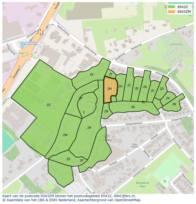 Afbeelding van het postcodegebied 6543 ZM op de kaart.