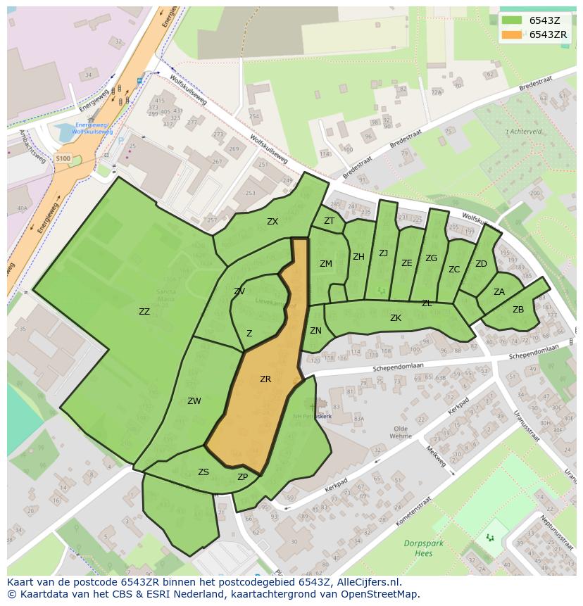 Afbeelding van het postcodegebied 6543 ZR op de kaart.