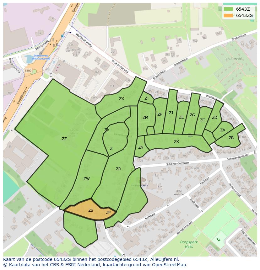 Afbeelding van het postcodegebied 6543 ZS op de kaart.