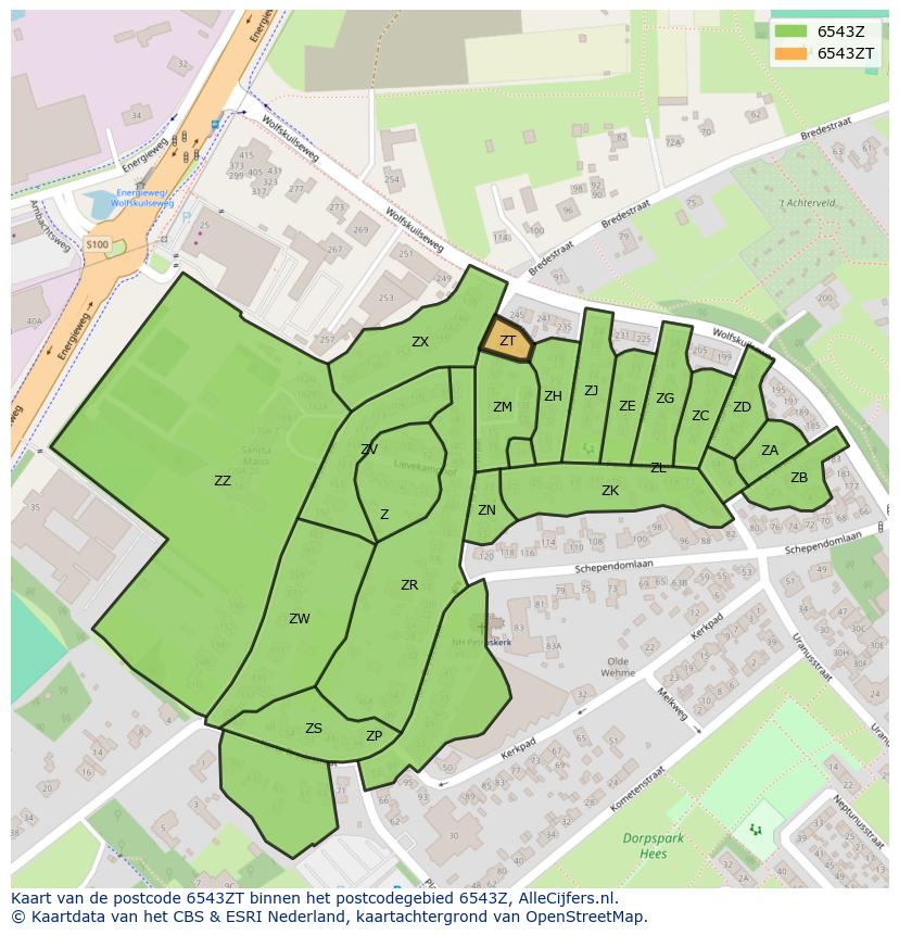 Afbeelding van het postcodegebied 6543 ZT op de kaart.