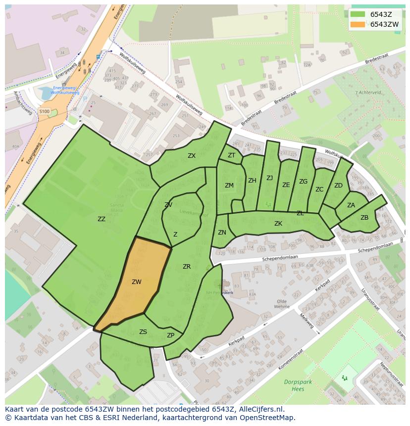 Afbeelding van het postcodegebied 6543 ZW op de kaart.