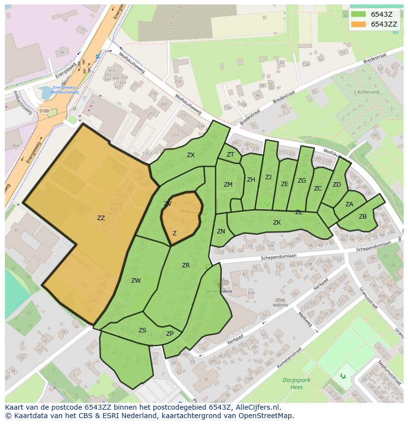 Afbeelding van het postcodegebied 6543 ZZ op de kaart.