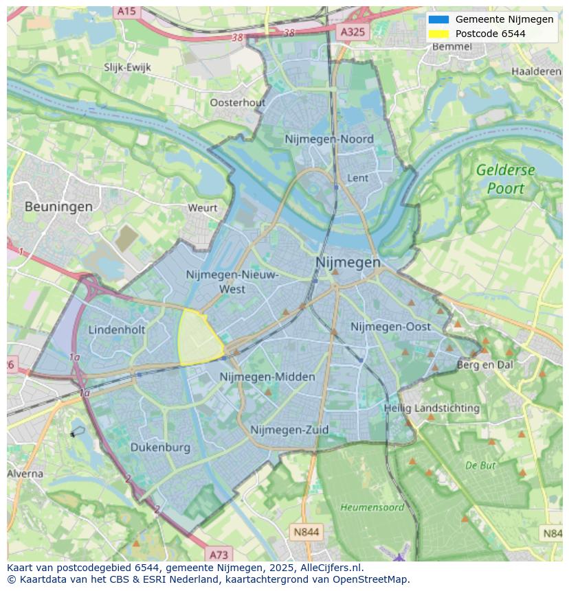 Afbeelding van het postcodegebied 6544 op de kaart.