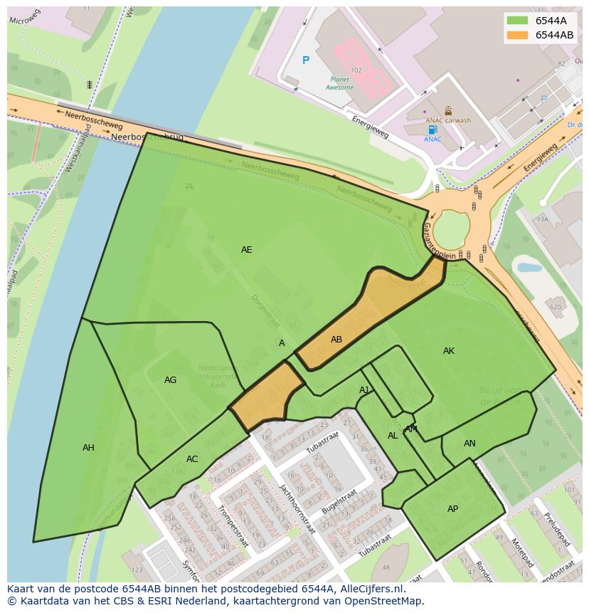 Afbeelding van het postcodegebied 6544 AB op de kaart.