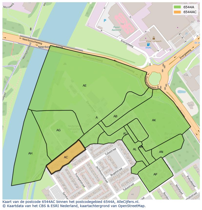 Afbeelding van het postcodegebied 6544 AC op de kaart.