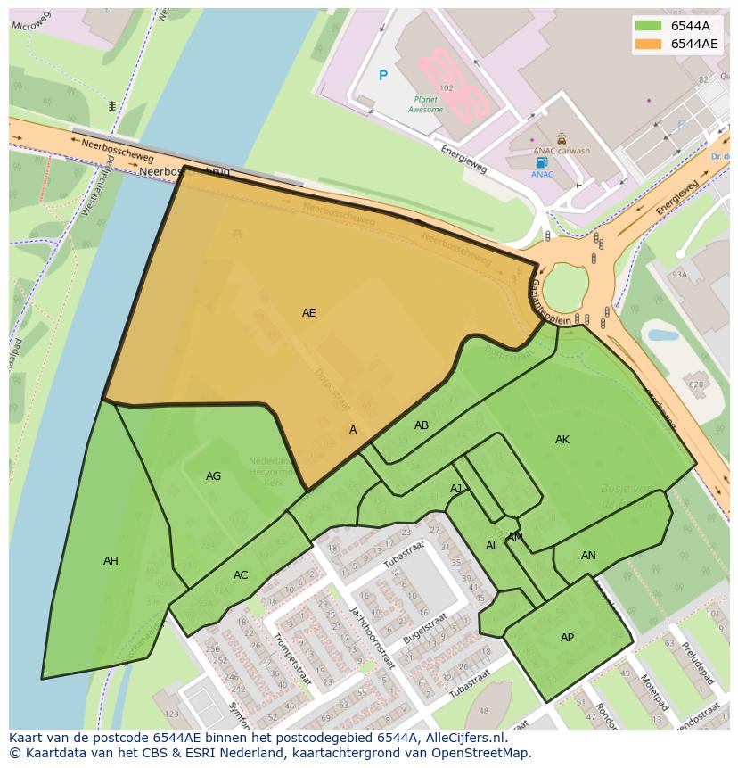 Afbeelding van het postcodegebied 6544 AE op de kaart.