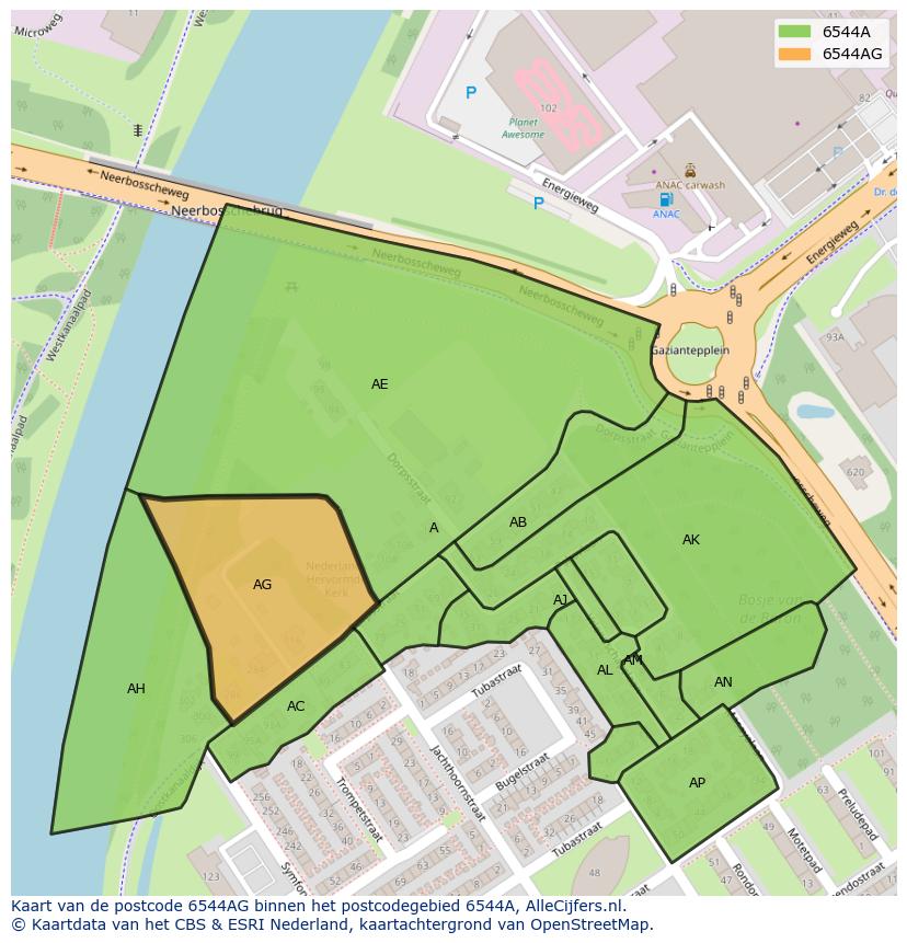 Afbeelding van het postcodegebied 6544 AG op de kaart.