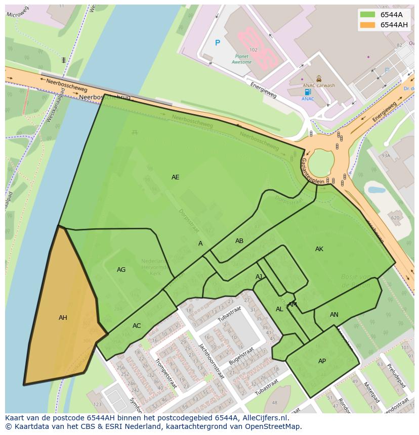 Afbeelding van het postcodegebied 6544 AH op de kaart.
