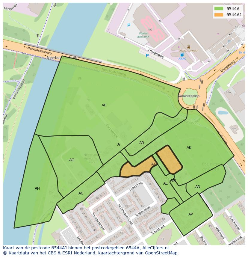 Afbeelding van het postcodegebied 6544 AJ op de kaart.