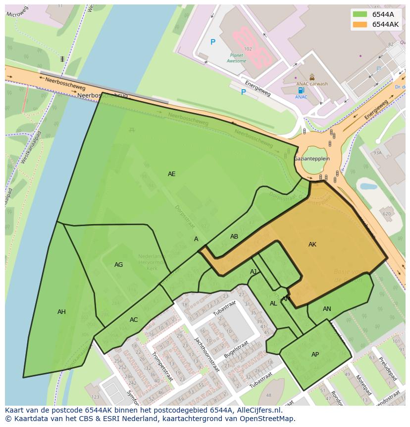 Afbeelding van het postcodegebied 6544 AK op de kaart.