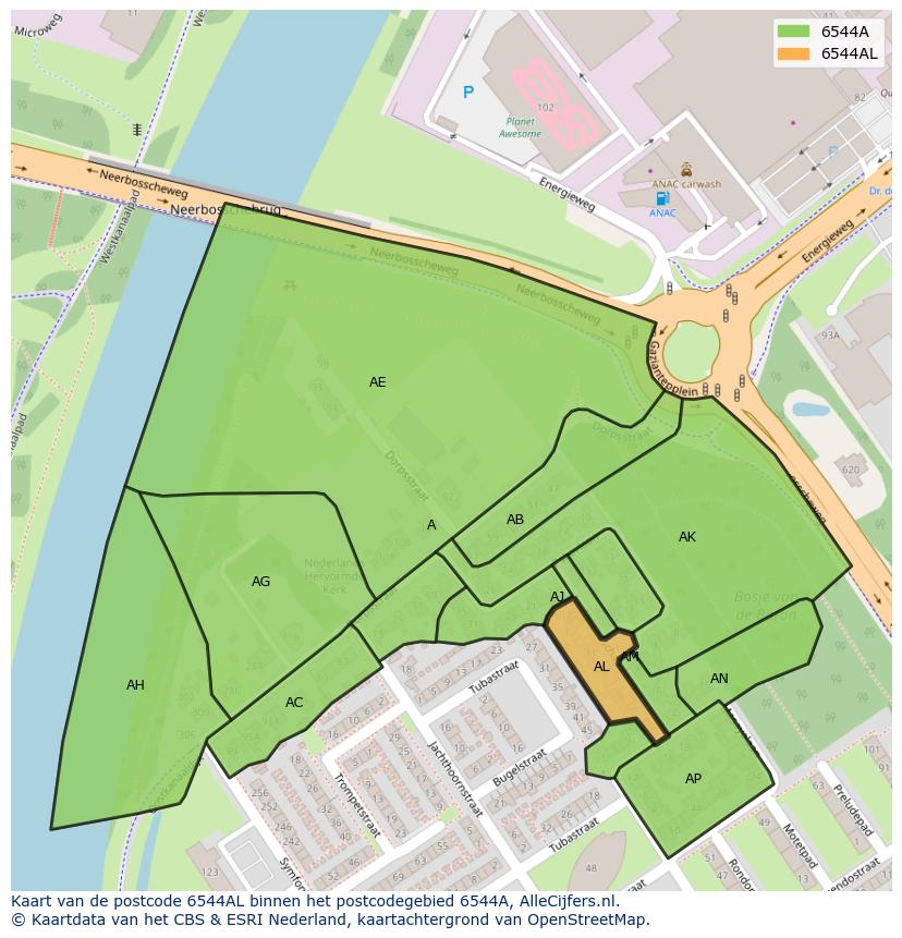 Afbeelding van het postcodegebied 6544 AL op de kaart.