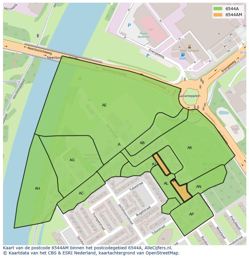 Afbeelding van het postcodegebied 6544 AM op de kaart.