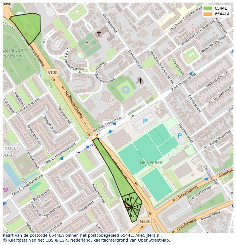 Afbeelding van het postcodegebied 6544 LA op de kaart.