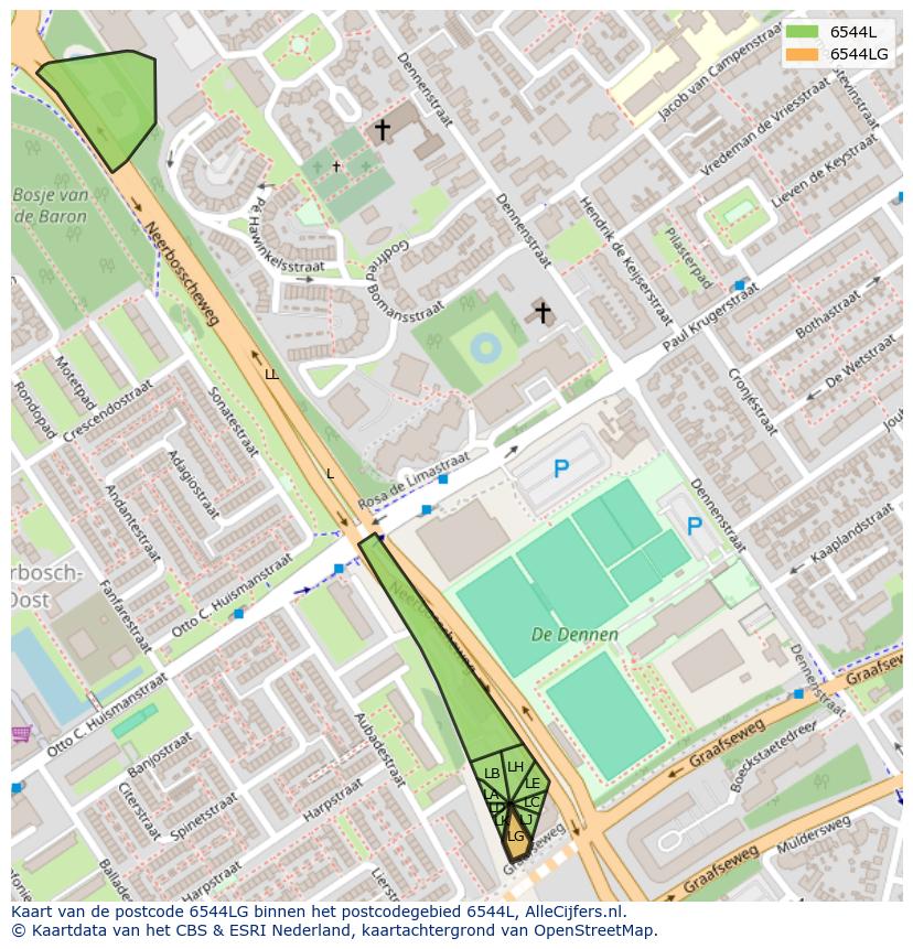 Afbeelding van het postcodegebied 6544 LG op de kaart.