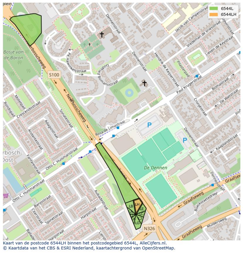 Afbeelding van het postcodegebied 6544 LH op de kaart.
