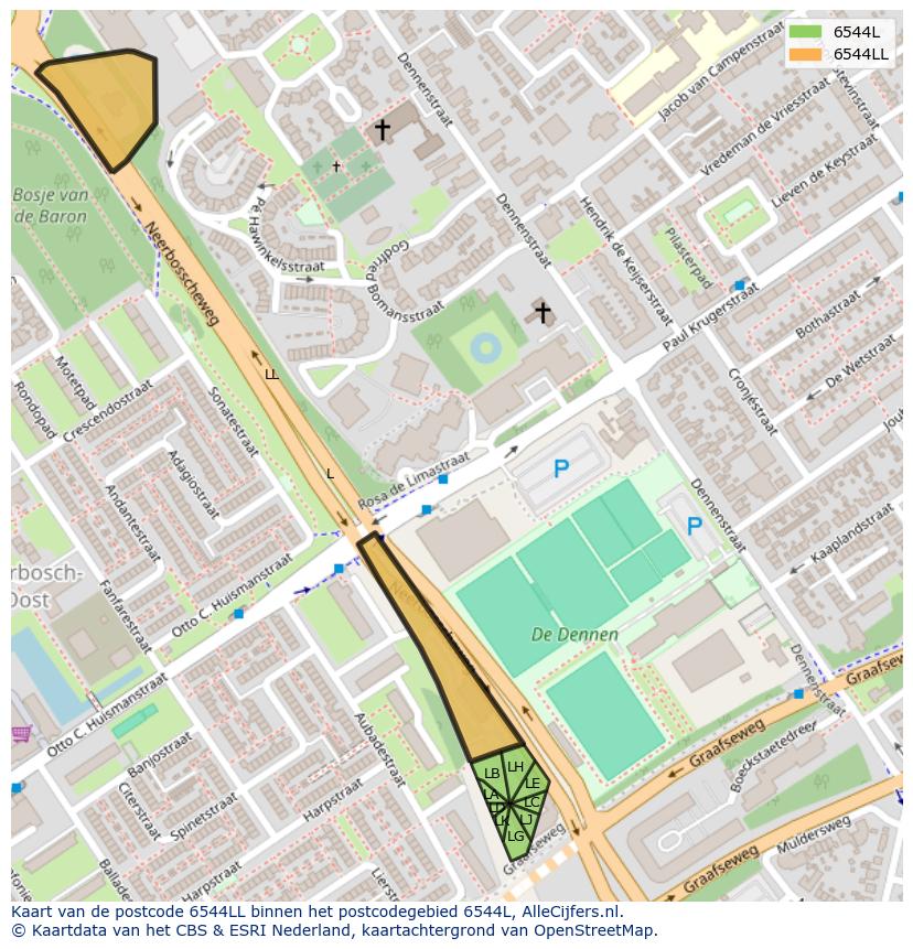 Afbeelding van het postcodegebied 6544 LL op de kaart.
