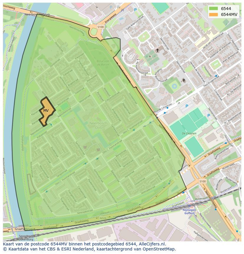 Afbeelding van het postcodegebied 6544 MV op de kaart.
