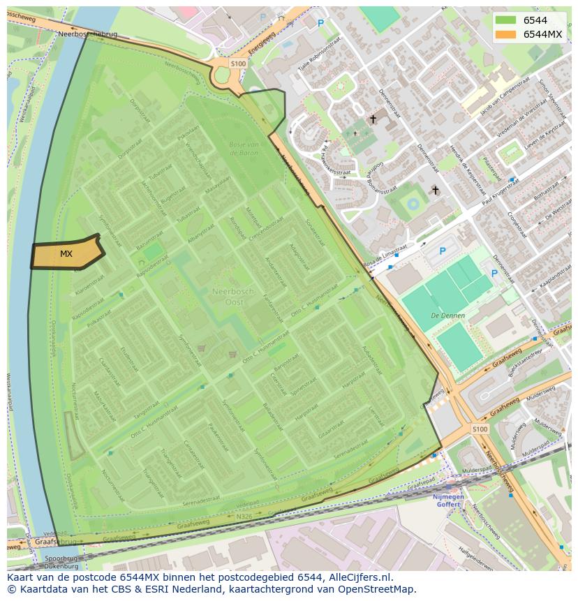 Afbeelding van het postcodegebied 6544 MX op de kaart.