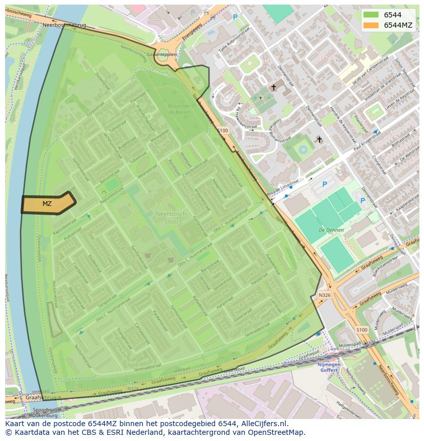 Afbeelding van het postcodegebied 6544 MZ op de kaart.