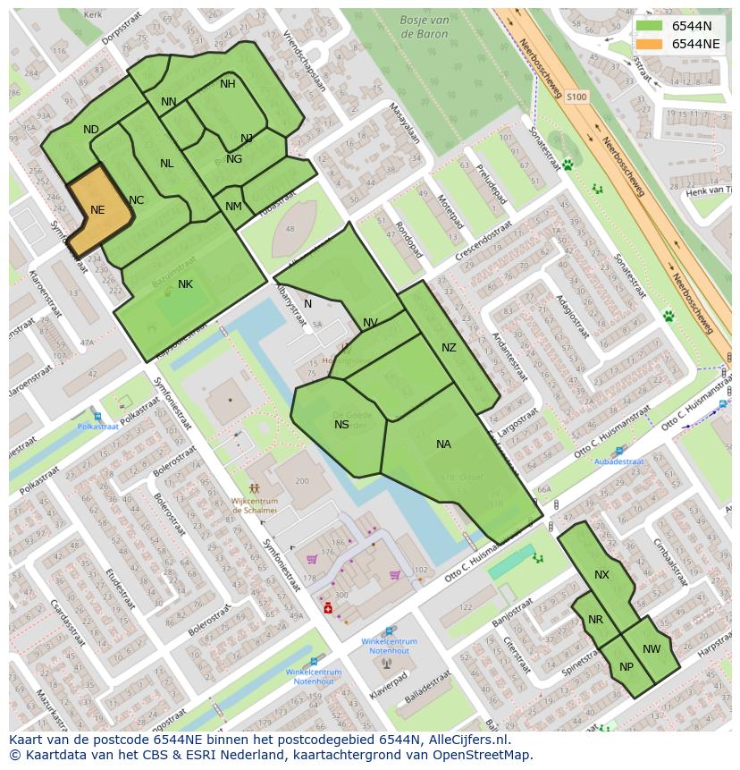 Afbeelding van het postcodegebied 6544 NE op de kaart.