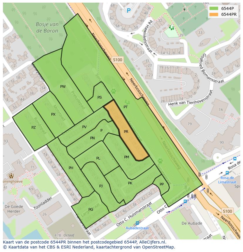 Afbeelding van het postcodegebied 6544 PR op de kaart.