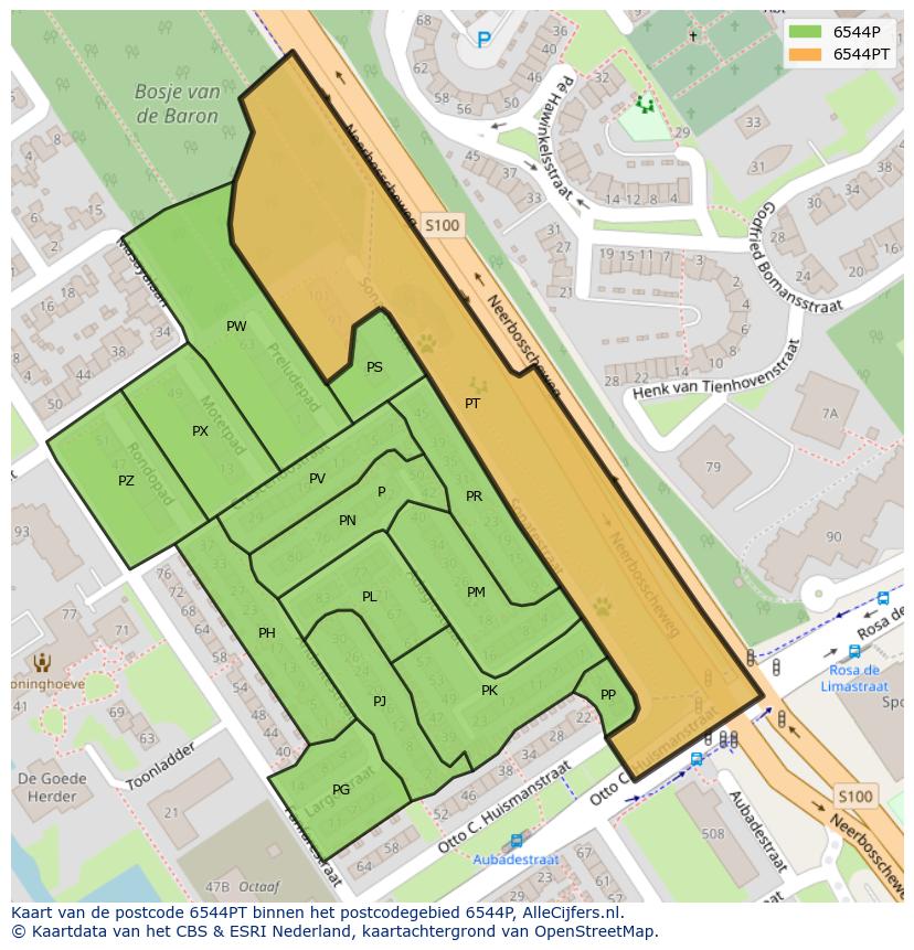 Afbeelding van het postcodegebied 6544 PT op de kaart.