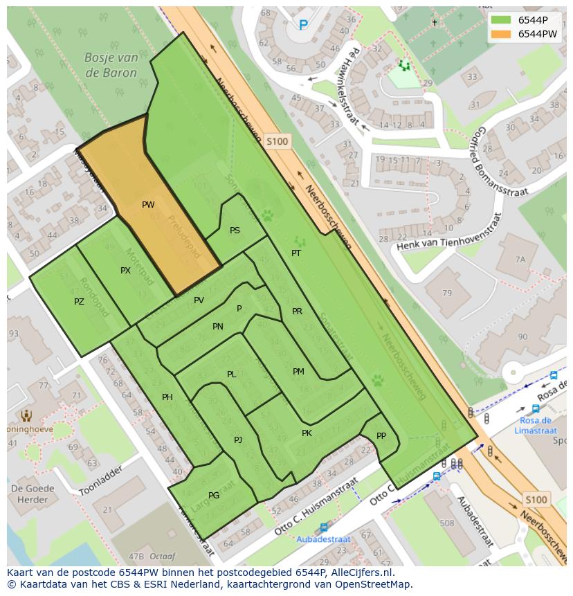Afbeelding van het postcodegebied 6544 PW op de kaart.