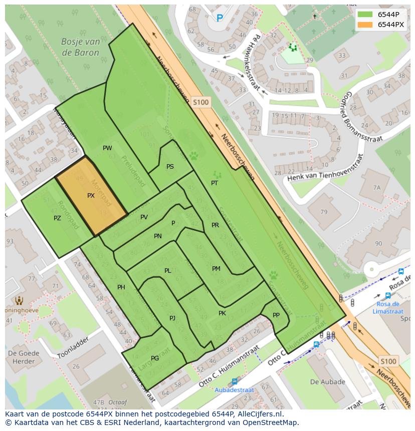 Afbeelding van het postcodegebied 6544 PX op de kaart.