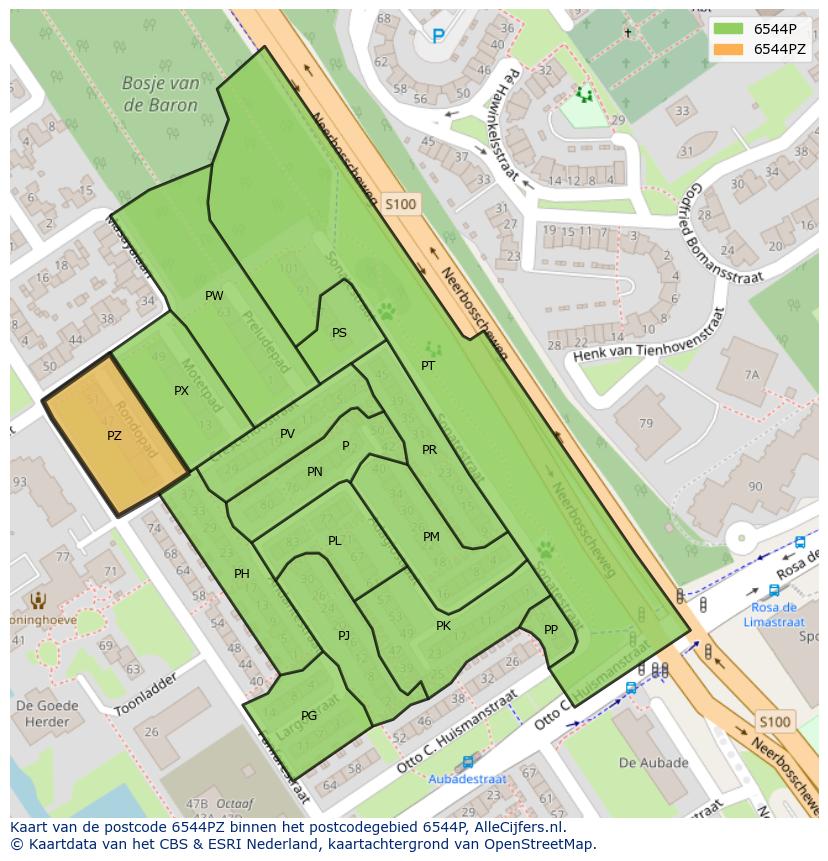 Afbeelding van het postcodegebied 6544 PZ op de kaart.